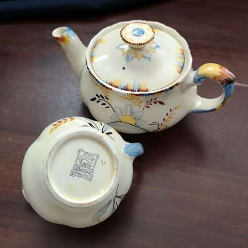 1930's Small Tea Pot with Milk Jug - Grindley England, Hand Painted Sunrise Pattern