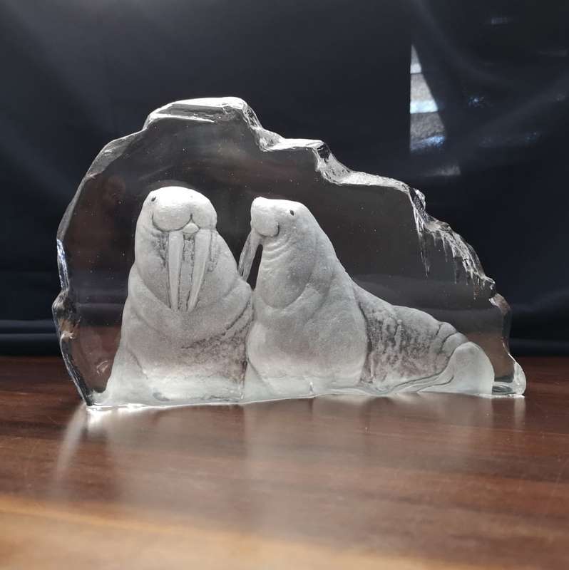 1970's Swedish Etched Crystal - Mats Jonasson Maleras - Walrus Sculpture - Signed