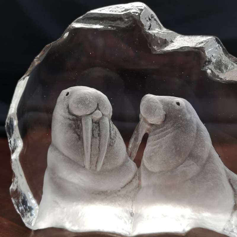 1970's Swedish Etched Crystal - Mats Jonasson Maleras - Walrus Sculpture - Signed