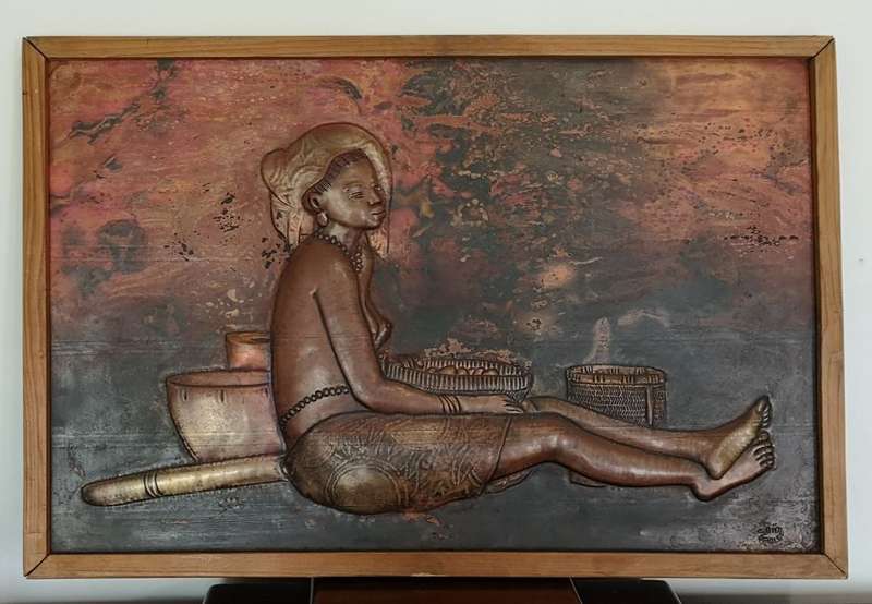 African Copper Relief Art - Tribal Maiden Resting - Vintage Handcrafted in Congo