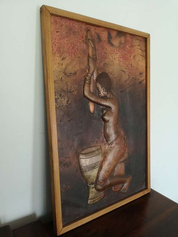African Copper Relief Art - Tribal Maiden Pounding Wheat - Vintage Handcrafted in Congo