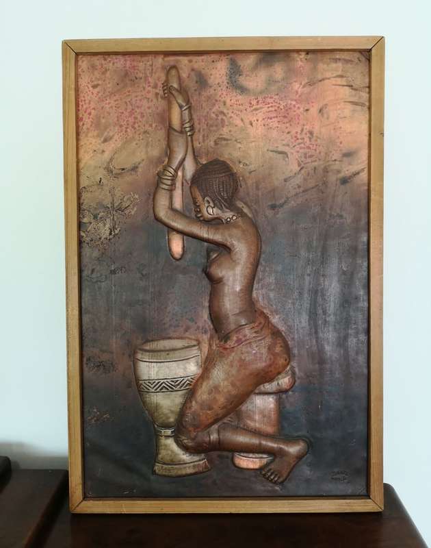 African Copper Relief Art - Tribal Maiden Pounding Wheat - Vintage Handcrafted in Congo