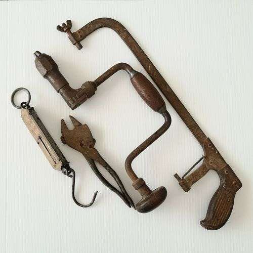 Ratcheting Brace Hand Drill - Stanley, Metal Saw Frame, Pliers, Pocket Scale Germany
