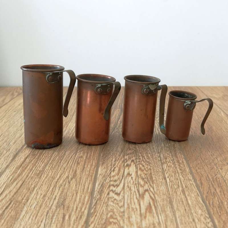 English Vintage Copper Measuring Cups - set of 4: 1 cup, 3/4 cup, 1/2 cup and 1/4 cup