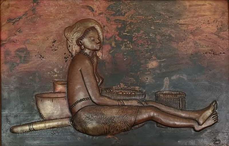 African Copper Relief Art - Tribal Maiden Resting - Vintage Handcrafted in Congo