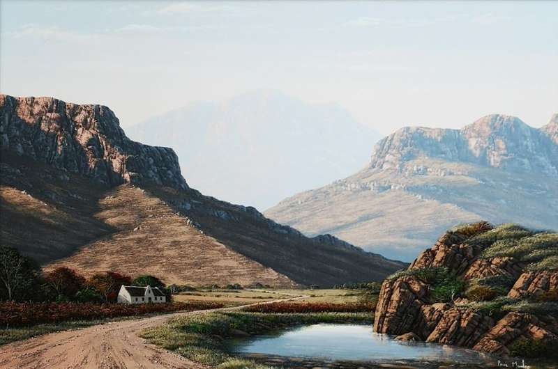 Paul Munro (SA) oil on board, a visually stunning landscape with cottage