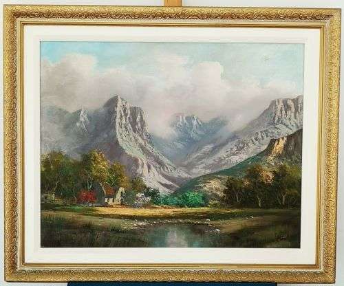J.L. Foure (SA 20th C) oil on canvas, beautiful Western Cape mountain landscape