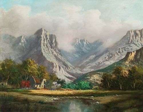 J.L. Foure (SA 20th C) oil on canvas, beautiful Western Cape mountain landscape