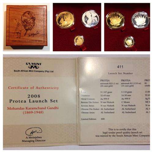 2008 Protea Launch Set Gandhi R25 Gold 1oz, R1 Silver, R5 Gold 1/10oz