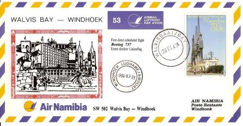 AVIATION NAMIBIA FIRST FLIGHT COVER  NO 53   WALVISBAY TO WINDHOEK  UNSIGNED