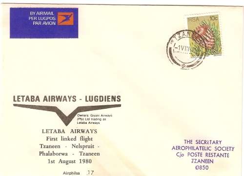 AVIATION AIRPHILSA NO 17 LETABA AIRWAYS FIRST FLIGHT TZANEEM TO NELSPRUIT  UNSIGNED
