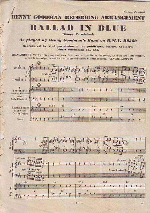 Sheet music Rhythm:June 1938 ps 21-26  Benny Goodman recording arrangement on H.M.V. B8389 Ballad