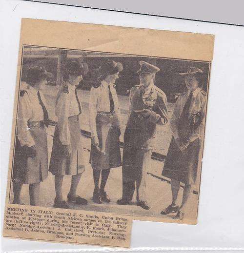 Newspaper cutting of an Photo of Jan Smuts meeting SA Nurses 1945 at the railway station in Florence