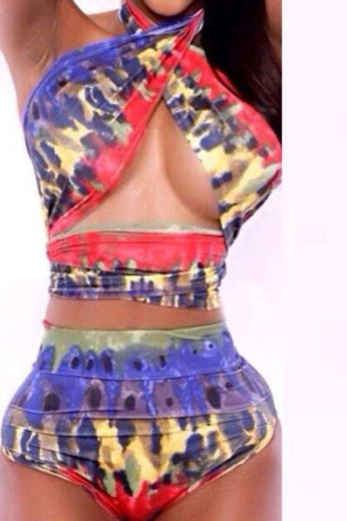 Two Piece High-waisted Multicolor Halter Bikini Lingerie  product code LB-L32511=M size in stock