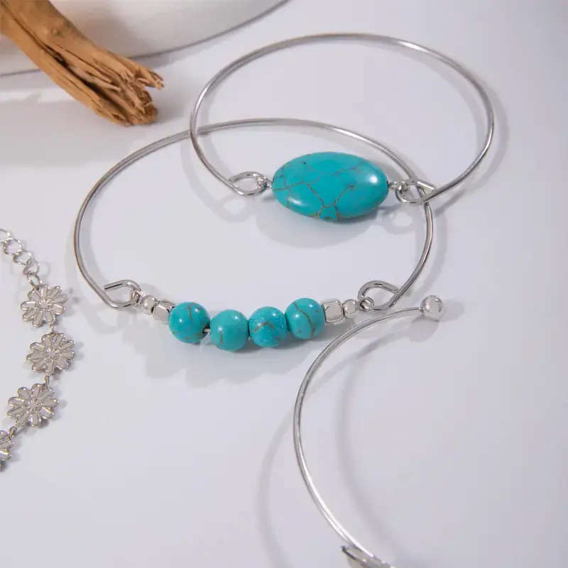 5pcs/Set Retro Turquoise Inlaid Fashion Jewelry Bracelet, Personality Ethnic Style Flower Feather