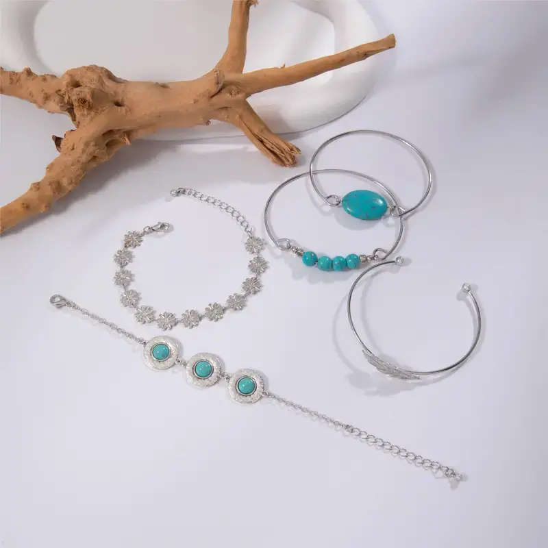 5pcs/Set Retro Turquoise Inlaid Fashion Jewelry Bracelet, Personality Ethnic Style Flower Feather