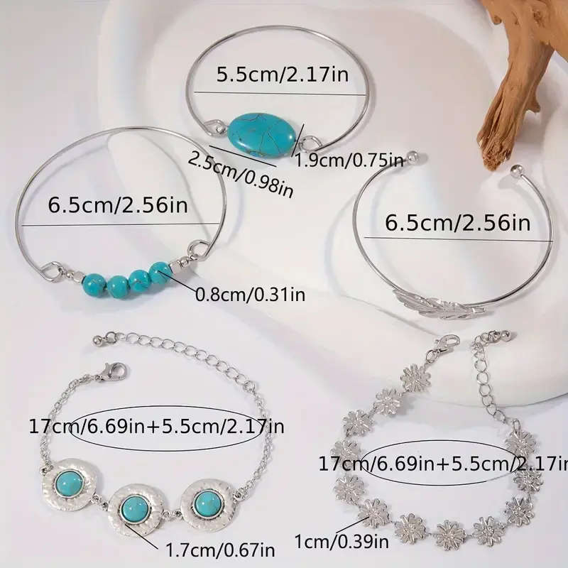 5pcs/Set Retro Turquoise Inlaid Fashion Jewelry Bracelet, Personality Ethnic Style Flower Feather