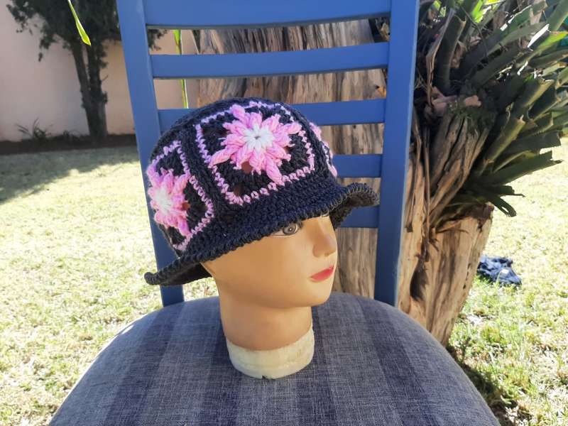 Granny Square Grey and Pink Womens / Girls Handmade Casualwear - Buckett Crochet Hat / Beanie