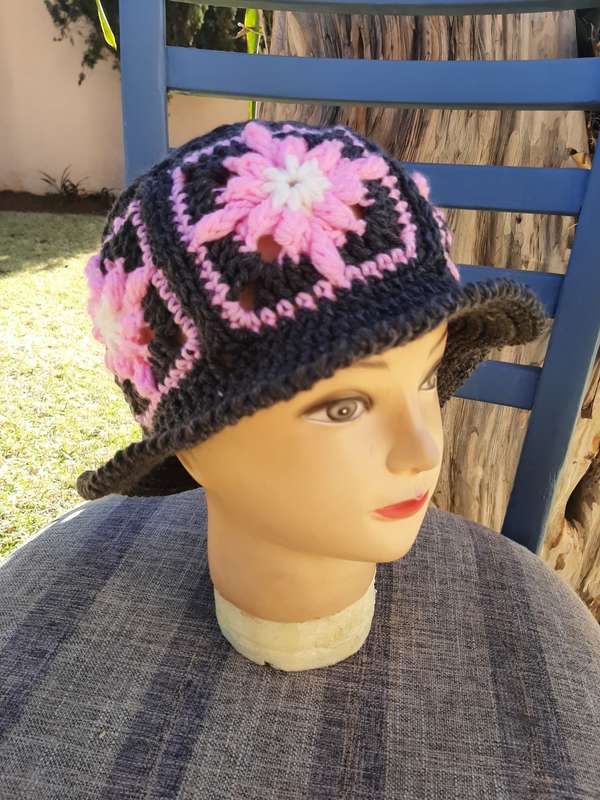 Granny Square Grey and Pink Womens / Girls Handmade Casualwear - Buckett Crochet Hat / Beanie