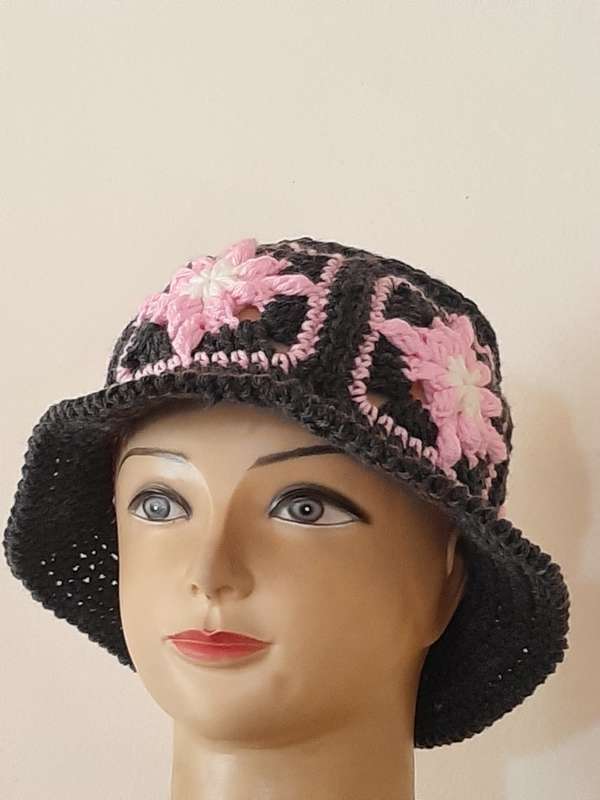 Granny Square Grey and Pink Womens / Girls Handmade Casualwear - Buckett Crochet Hat / Beanie