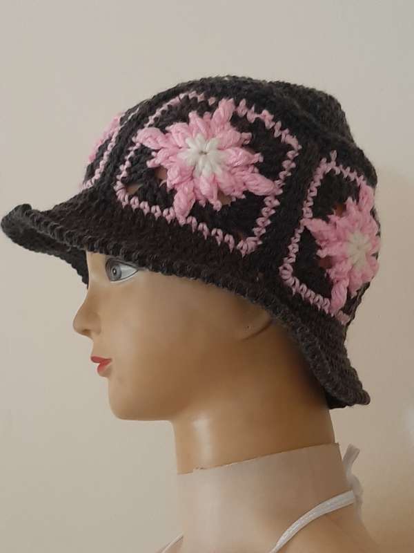Granny Square Grey and Pink Womens / Girls Handmade Casualwear - Buckett Crochet Hat / Beanie