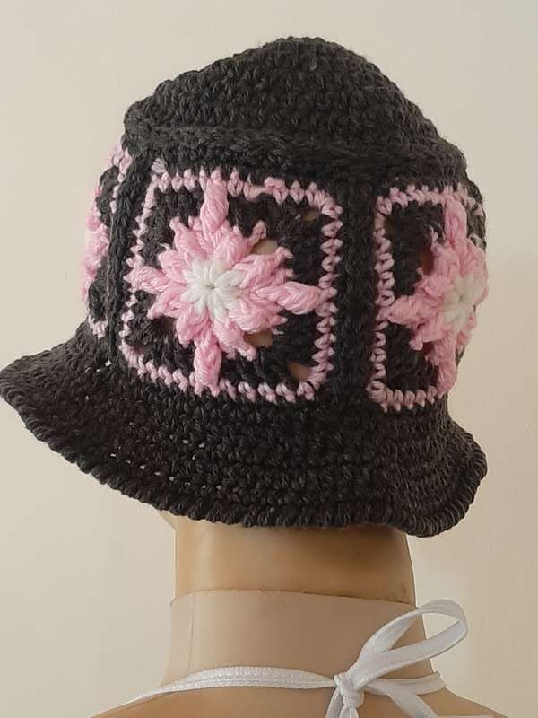 Granny Square Grey and Pink Womens / Girls Handmade Casualwear - Buckett Crochet Hat / Beanie