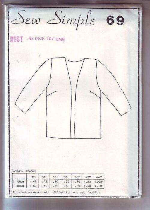 Sew Simple (Casual Jacket)sewing  pattern   no 69 size Bust 107cm (skill level easy),  pattern  stil