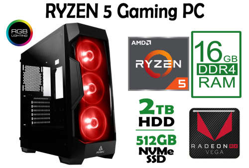 Liquid-Cooled Ryzen 5 RGB Gaming PC - *Ryzen 5 3600, 16GB RAM, NVMe + HDD, AMD Vega 64 8GB GPU*
