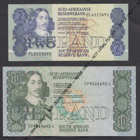 South Africa, Jan van Riebeeck R2 and R10 of the 1980s (One bid takes both notes)