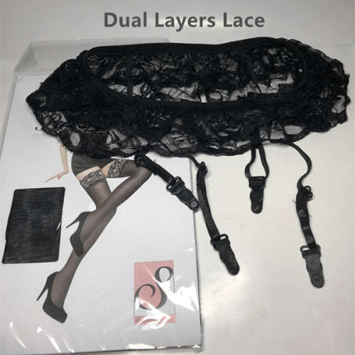 Dual Layers Lace Suspender with Clamps and Stockings