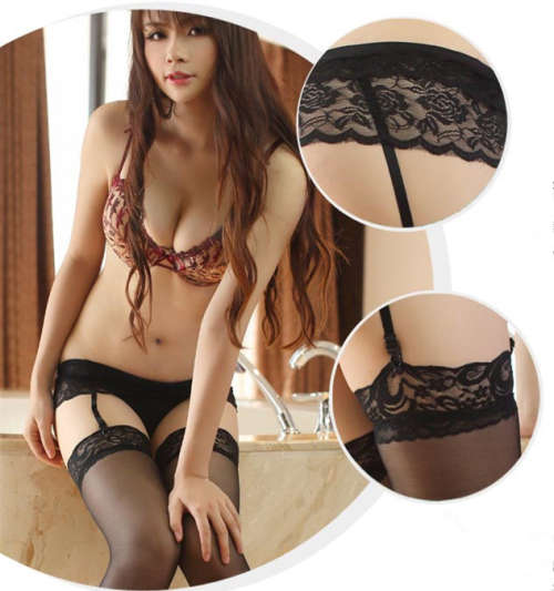 Dual Layers Lace Suspender with Clamps and Stockings