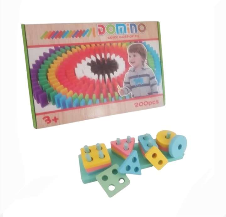 200pc Colourful Wooden Dominos & Geometric stacking Block Combo