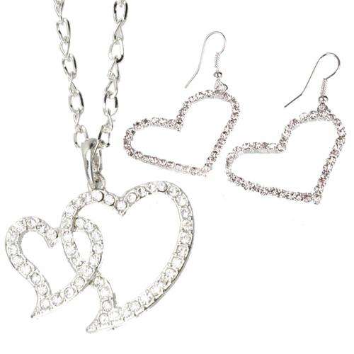 Lovely Double Heart Shaped Rhinestone Necklace and Heart Shape Earrings Set