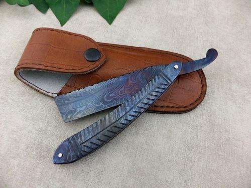 BLUE ANODIZED CUSTOM MADE DAMASCUS STEEL STRAIGHT EDGE RAZOR  & LEATHER SHEATH
