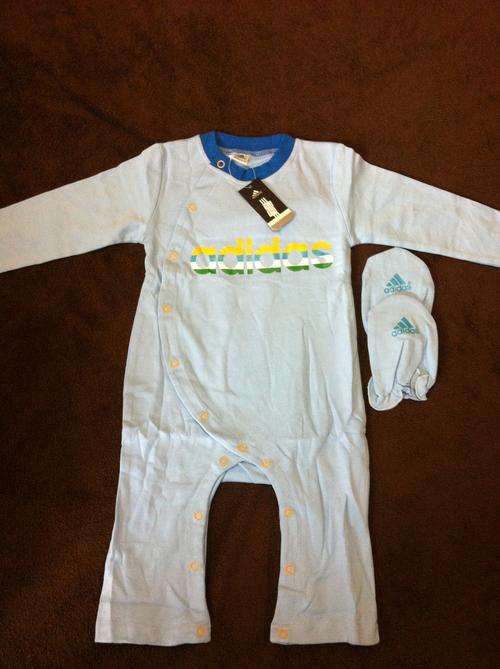 Adidas blue babygrow with mittens 12-18m