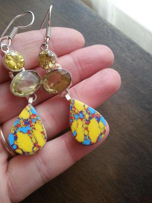 Unusual 975 silver earrings with semiprecious stones jasper/cintrine