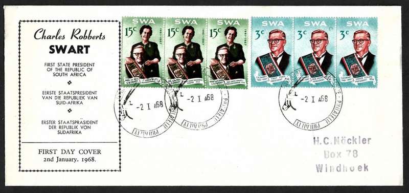 SWA 2.January 1968  Pres. Swart Commemoration 1th Day cover fine used as per scan