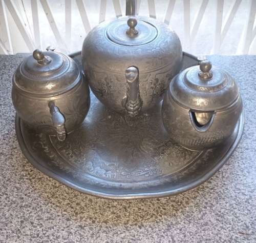 STYLISH ANTIQUE CHINESE KUT HING PEWTER SWATOW TEA SET & TRAY CIRCA 1890