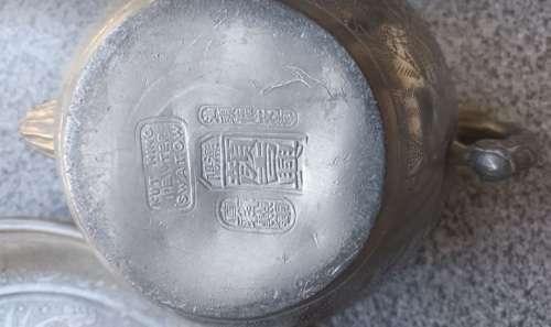 STYLISH ANTIQUE CHINESE KUT HING PEWTER SWATOW TEA SET & TRAY CIRCA 1890