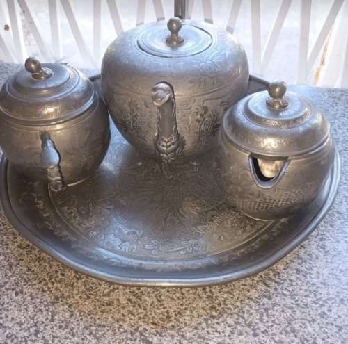 STYLISH ANTIQUE CHINESE KUT HING PEWTER SWATOW TEA SET & TRAY CIRCA 1890