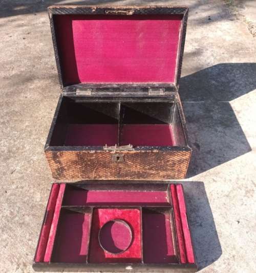 ANTIQUE Jewellery box, tooled leather, padded burgundy velvet and silk interior