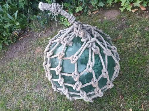 VINTAGE Japanese Glass Fishing Float Nautical buoy Aqua Ball Roped Net