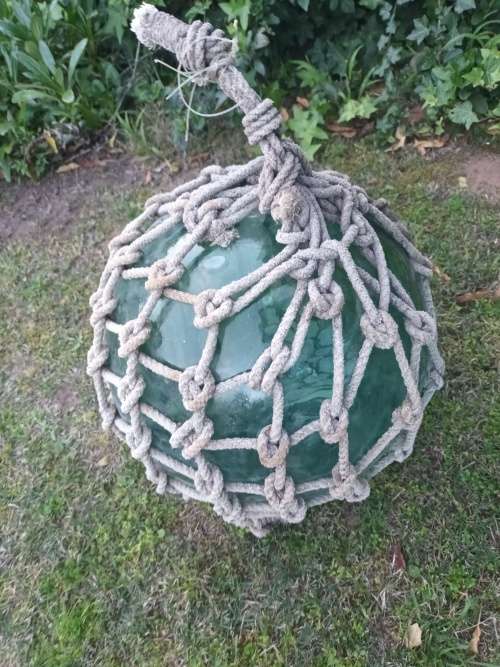 VINTAGE Japanese Glass Fishing Float Nautical buoy Aqua Ball Roped Net