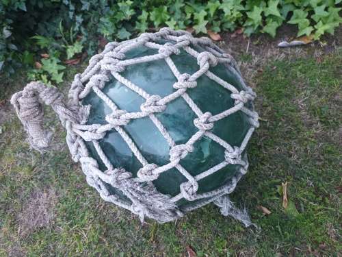 VINTAGE Japanese Glass Fishing Float Nautical buoy Aqua Ball Roped Net