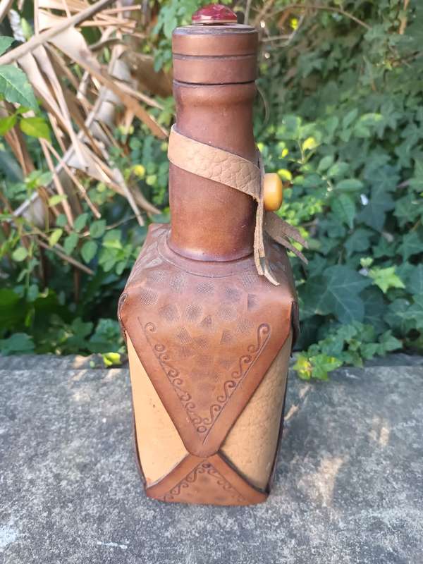 VINTAGE Hand Tooled Leather Wrapped Decanter Bottle