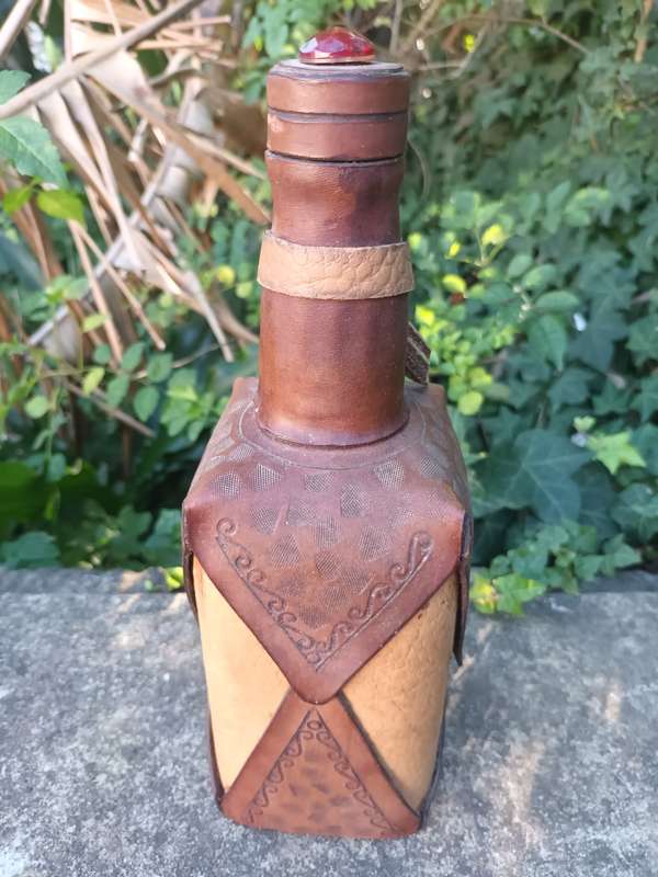 VINTAGE Hand Tooled Leather Wrapped Decanter Bottle