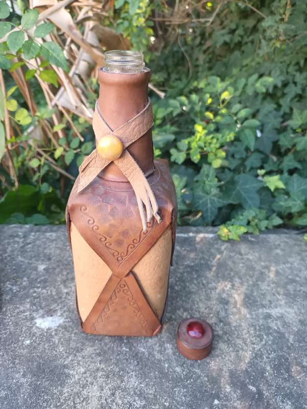 VINTAGE Hand Tooled Leather Wrapped Decanter Bottle