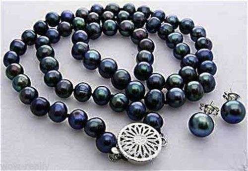 7-8 mm Black Peacock Cultured Pearl Necklace and Earings 43cm Long - Very Beautiful and Heavy