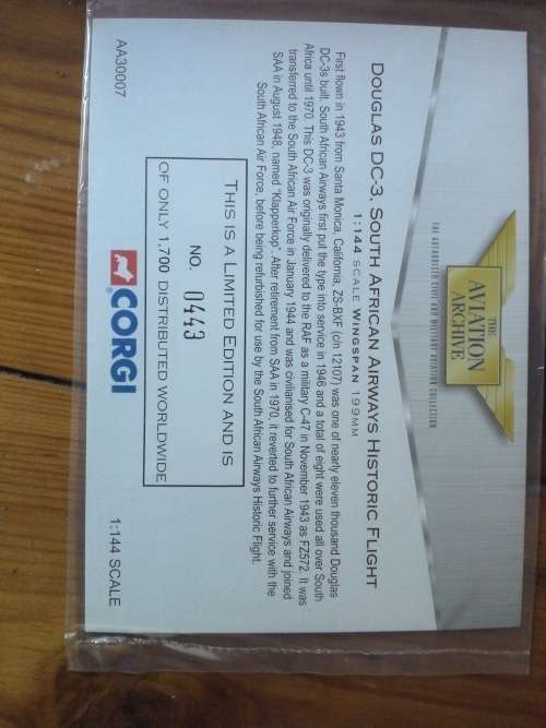 Corgi Aviation - DC 3 South African Airways - Limited edition 0443