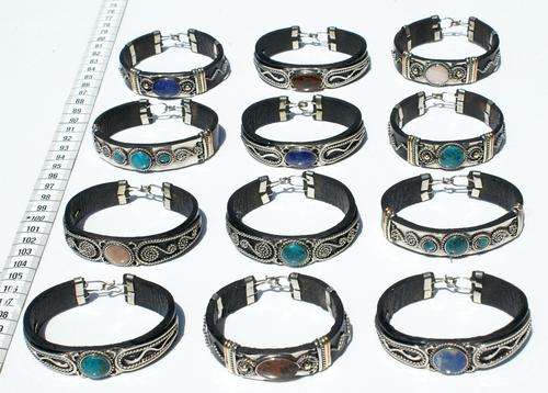 Lot 3 Leather Fashion Bracelets With Natural Peruvian Stones, Gemstone Jewellery